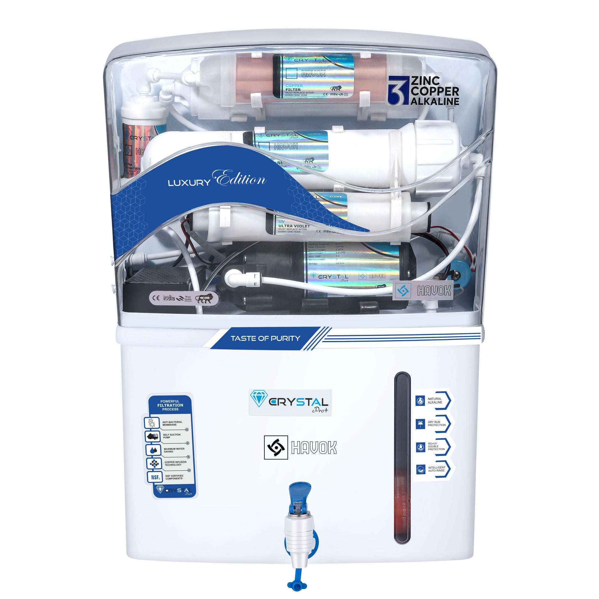 Havok Luxury Edition RO + UV + UF + TDS Controller Water Purifier with Copper + Zinc + Alkaline 3-in-1 Technology | 15 L Storage | Multi-Stage Purification for Home & Kitchen (White)
