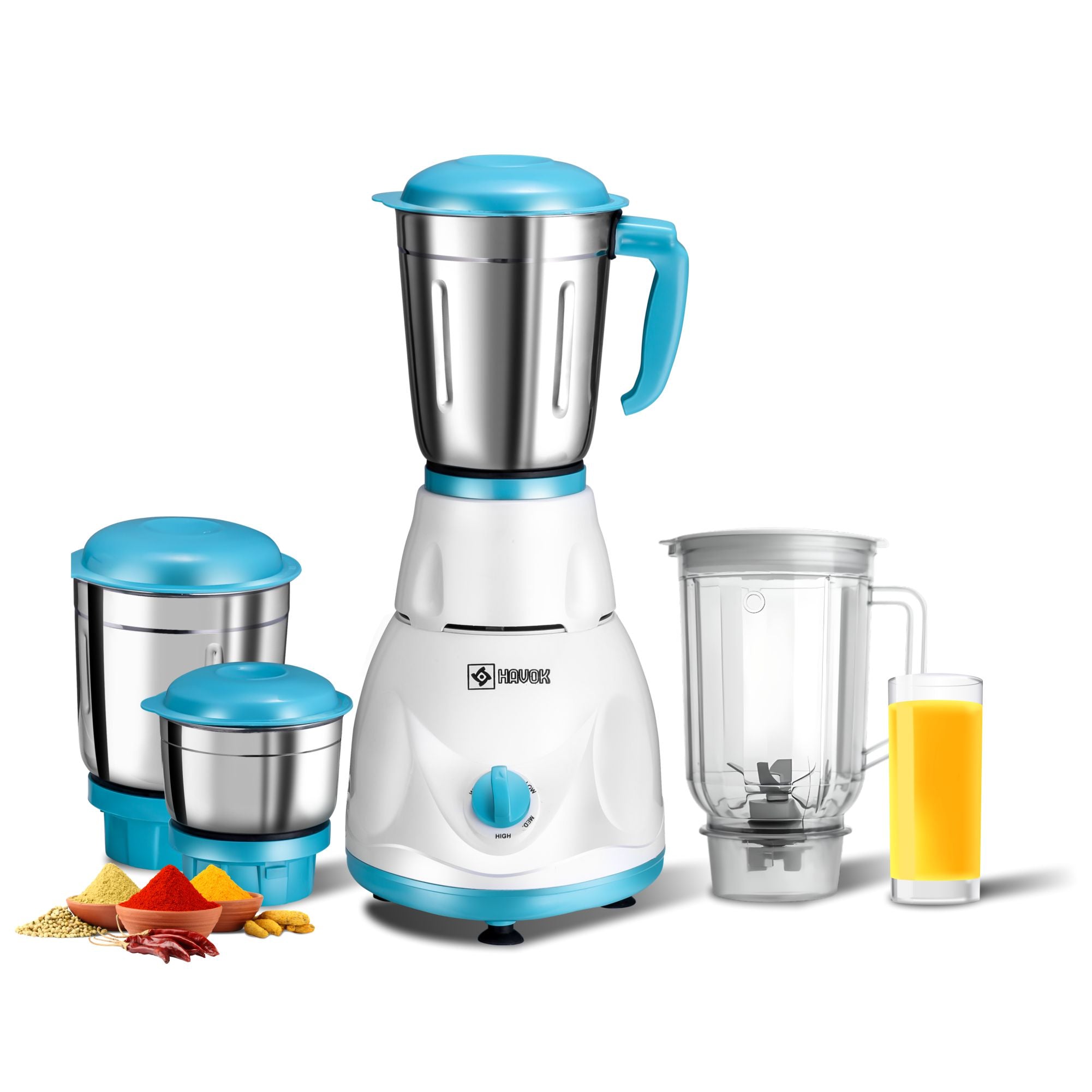HAVOK 750 Watt Mixer Grinder with 4 Jars (3 Stainless Steel + 1 Juice Jar) | Heavy Duty Kitchen Grinder for Spices & Smoothies | 3 Speed Control & Overload Protector | White & Blue (1 Year Warranty)