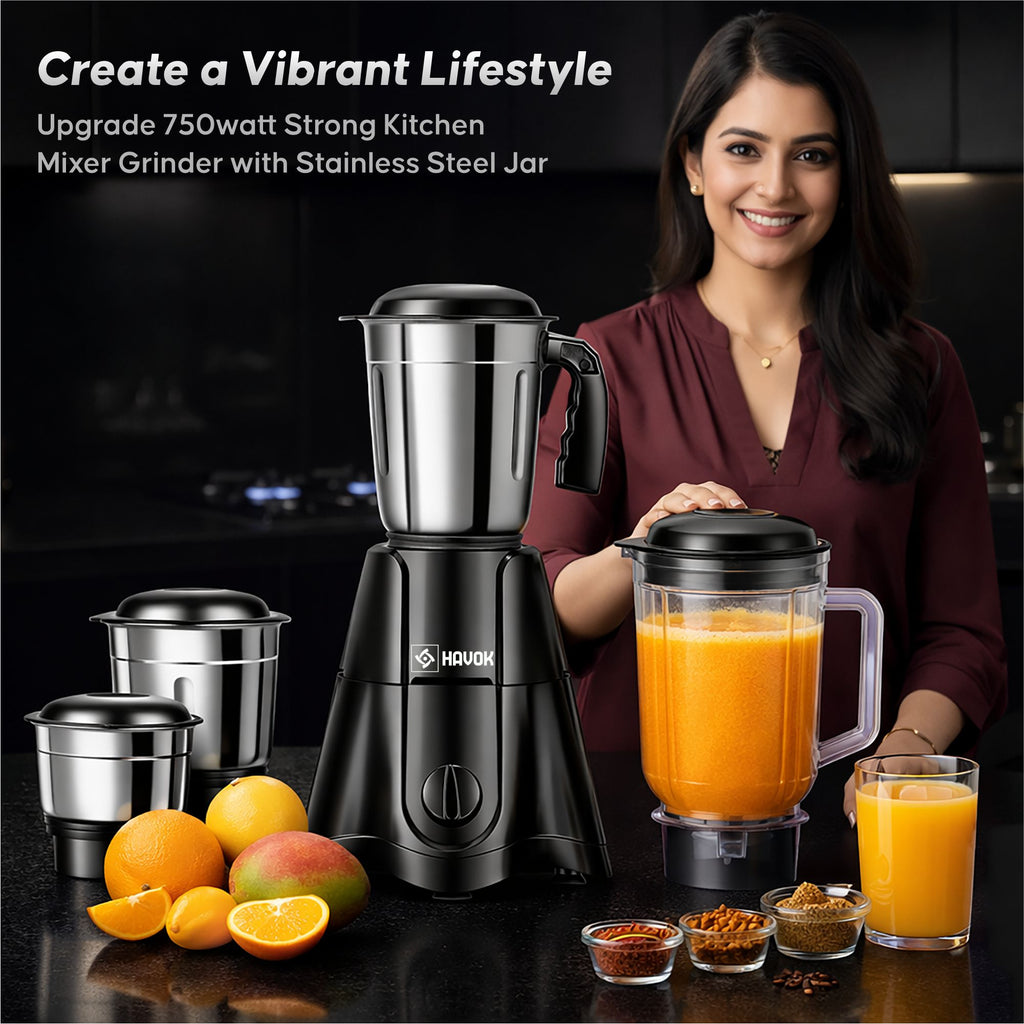 Havok Z Black Edition 750W Juicer Mixer Grinder with 4 Stainless Steel Jars | Multi-Purpose Kitchen Appliance for Grinding & Juicing