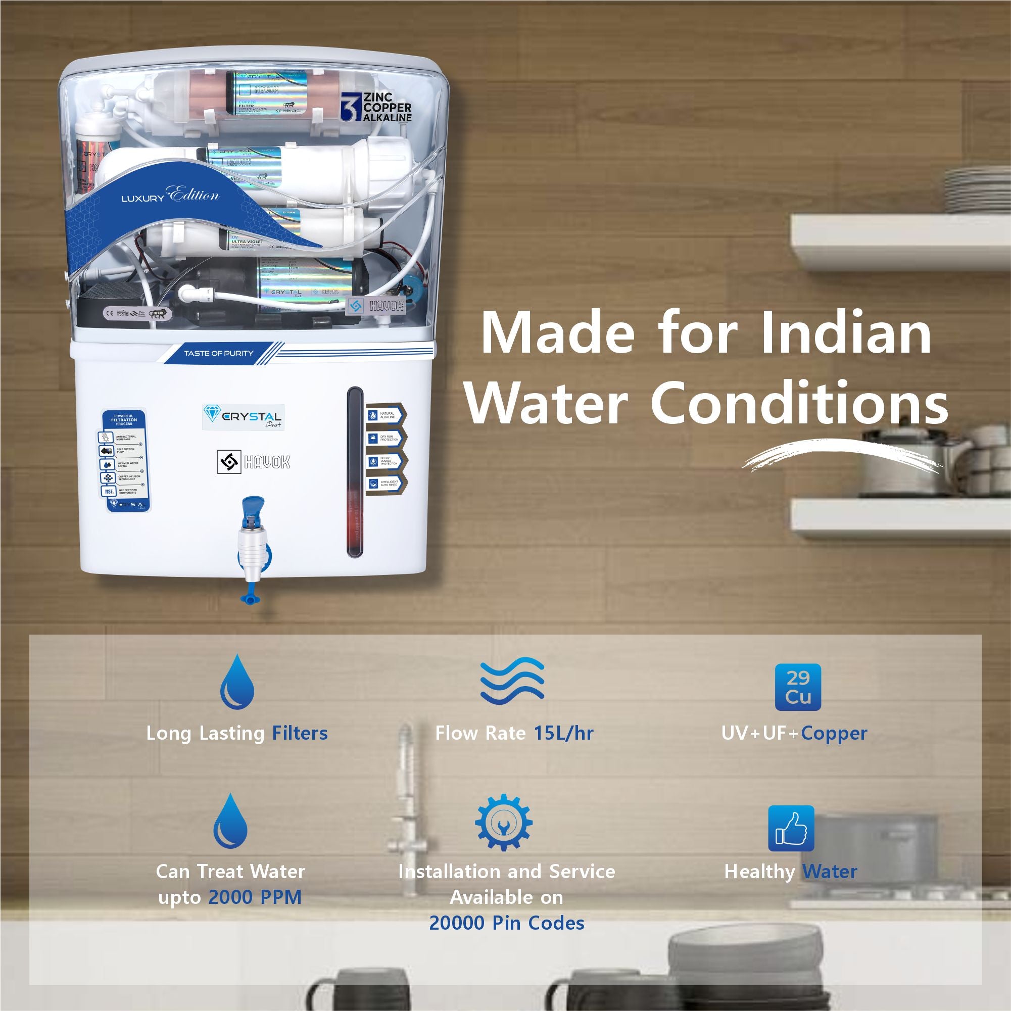 Havok Luxury Edition RO + UV + UF + TDS Controller Water Purifier with Copper + Zinc + Alkaline 3-in-1 Technology | 15 L Storage | Multi-Stage Purification for Home & Kitchen (White)