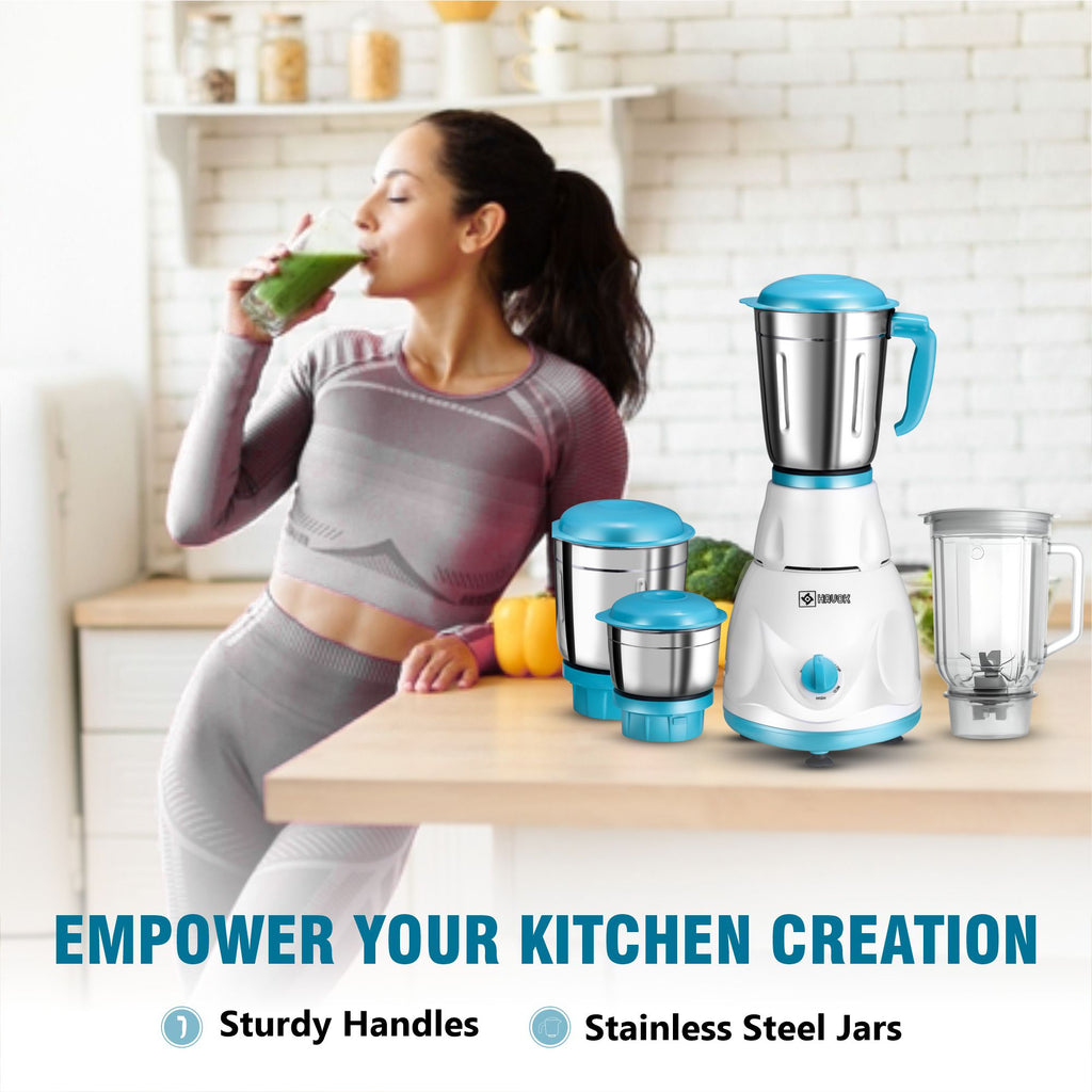 HAVOK 750 Watt Mixer Grinder with 4 Jars (3 Stainless Steel + 1 Juice Jar) | Heavy Duty Kitchen Grinder for Spices & Smoothies | 3 Speed Control & Overload Protector | White & Blue (1 Year Warranty)