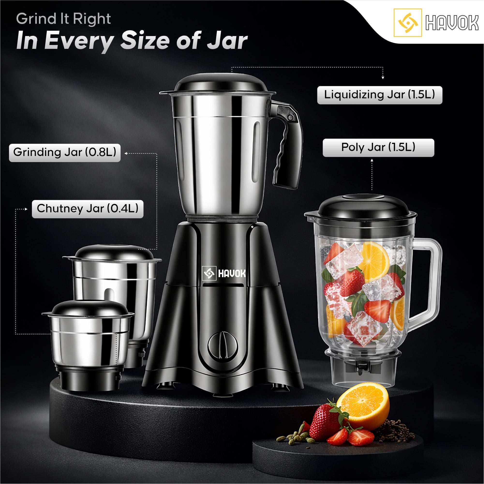 Havok Z Black Edition 750W Juicer Mixer Grinder with 4 Stainless Steel Jars | Multi-Purpose Kitchen Appliance for Grinding & Juicing