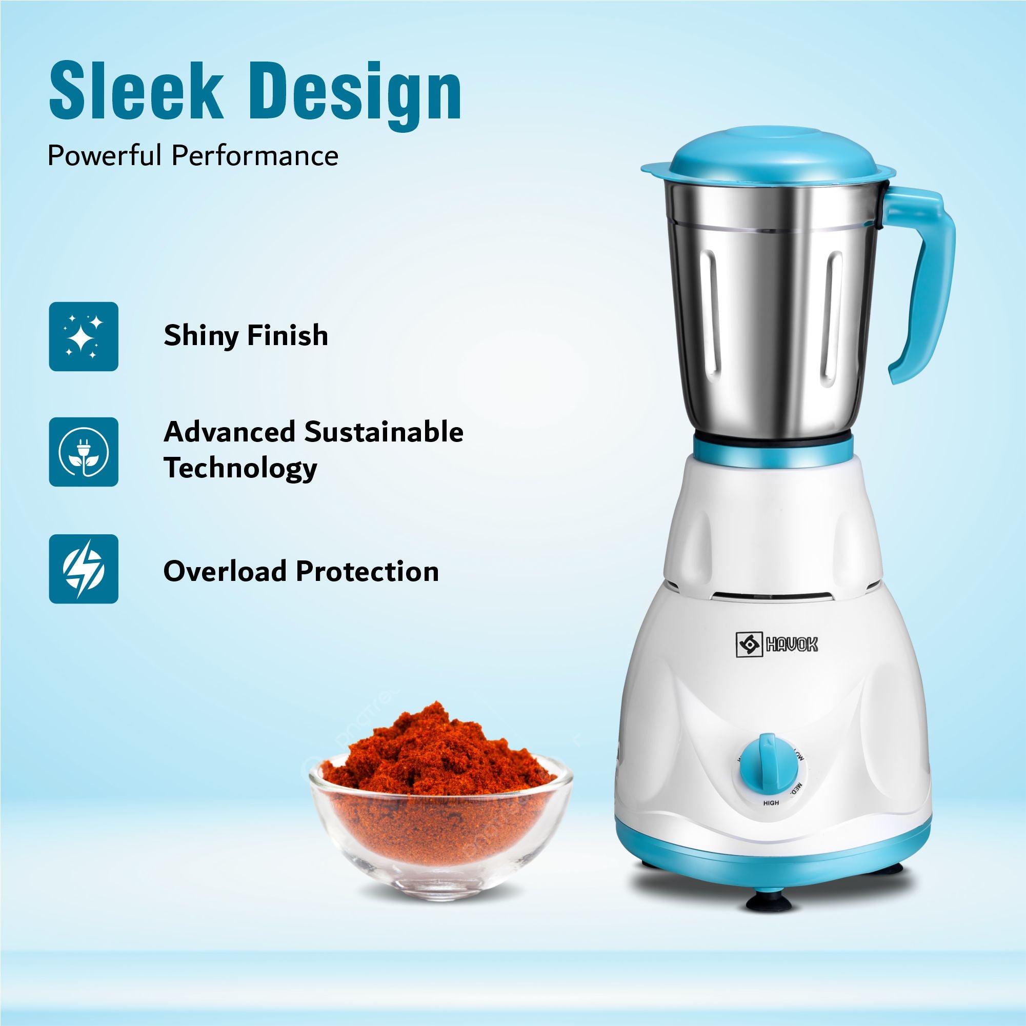HAVOK 750 Watt Mixer Grinder with 4 Jars (3 Stainless Steel + 1 Juice Jar) | Heavy Duty Kitchen Grinder for Spices & Smoothies | 3 Speed Control & Overload Protector | White & Blue (1 Year Warranty)