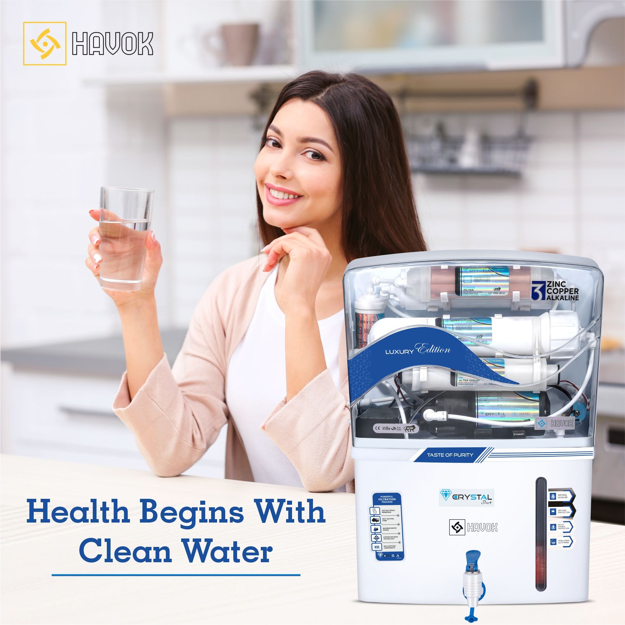 Havok Luxury Edition RO + UV + UF + TDS Controller Water Purifier with Copper + Zinc + Alkaline 3-in-1 Technology | 15 L Storage | Multi-Stage Purification for Home & Kitchen (White)