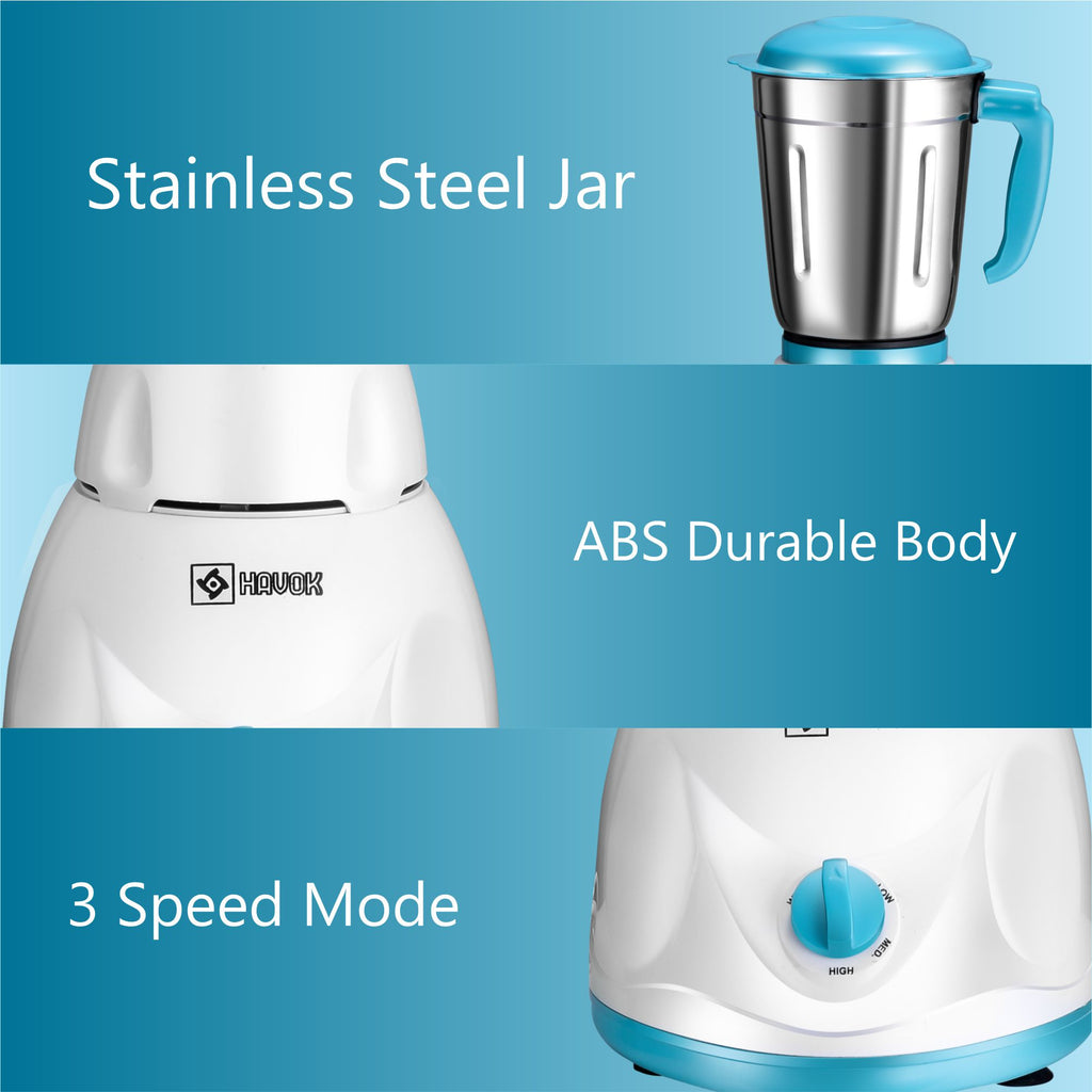 HAVOK 750 Watt Mixer Grinder with 4 Jars (3 Stainless Steel + 1 Juice Jar) | Heavy Duty Kitchen Grinder for Spices & Smoothies | 3 Speed Control & Overload Protector | White & Blue (1 Year Warranty)