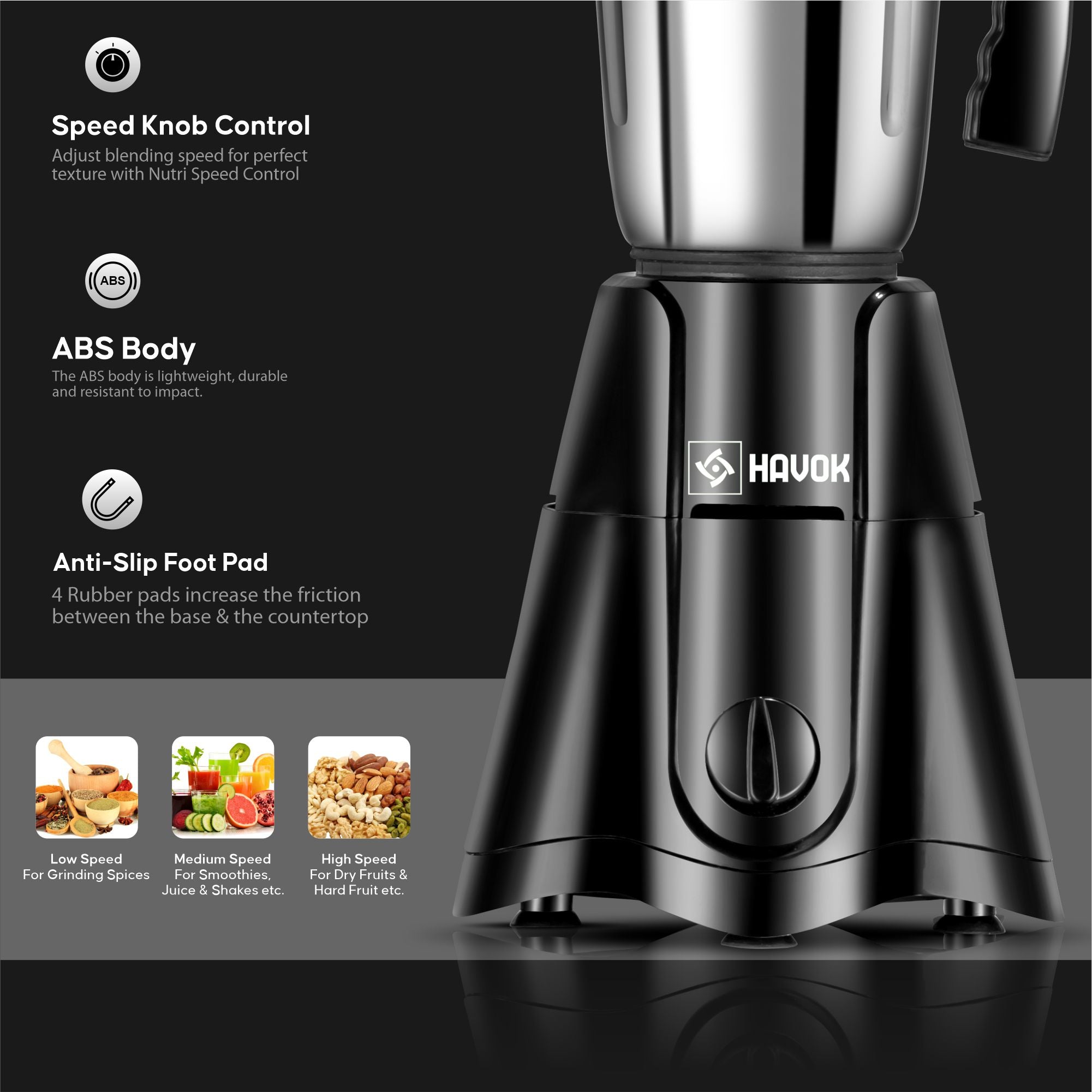 Havok Z Black Edition 750W Juicer Mixer Grinder with 4 Stainless Steel Jars | Multi-Purpose Kitchen Appliance for Grinding & Juicing