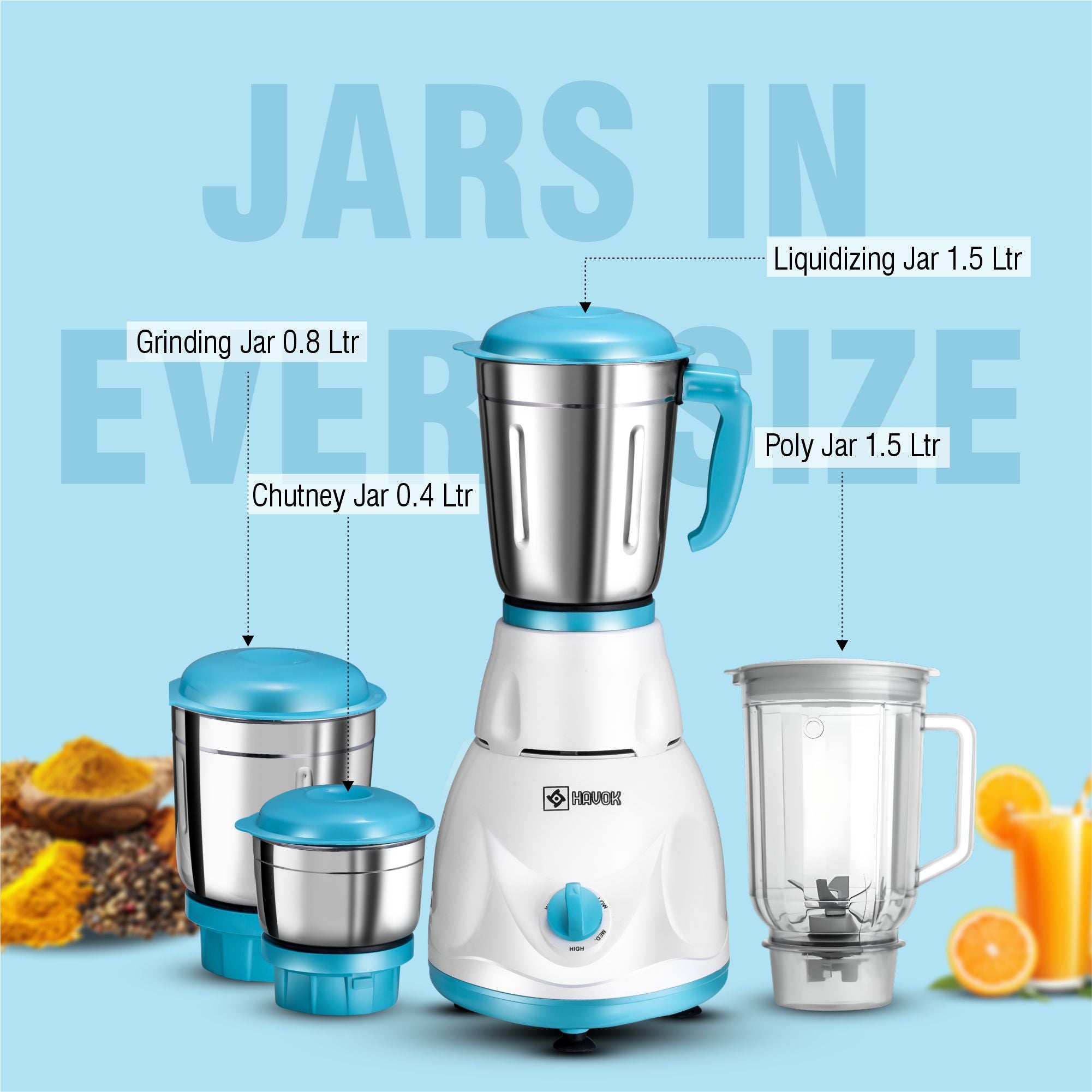HAVOK 750 Watt Mixer Grinder with 4 Jars (3 Stainless Steel + 1 Juice Jar) | Heavy Duty Kitchen Grinder for Spices & Smoothies | 3 Speed Control & Overload Protector | White & Blue (1 Year Warranty)